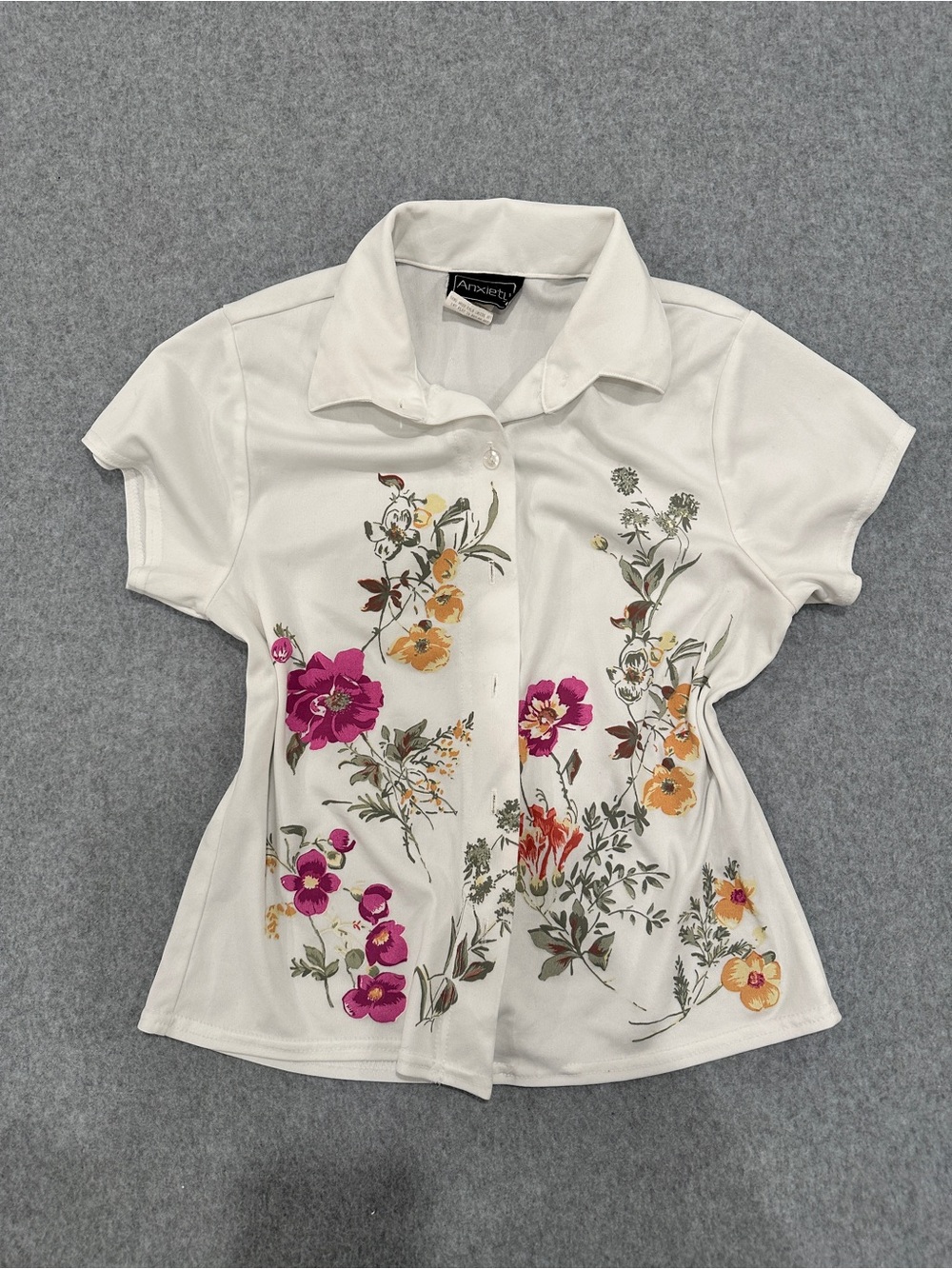 Anxiety White Button-Down Polo Shirt with Pink and Yellow Floral Print